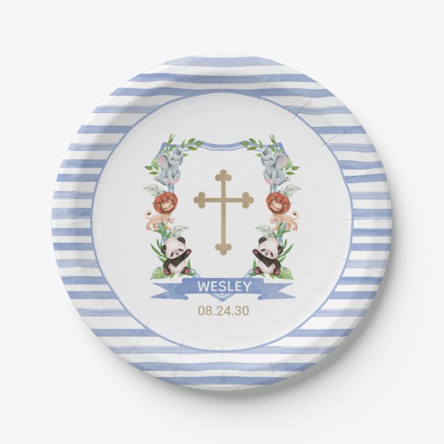 Jungle Animals Crest Boy Baptism Paper Plate (Front)