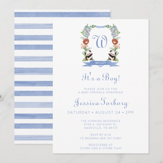 Jungle Animals Crest It's A Boy Baby Sprinkle Invitation (Front/Back)