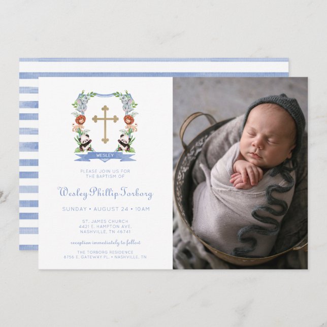 Jungle Animals Crest Photo Baptism Invitation (Front/Back)
