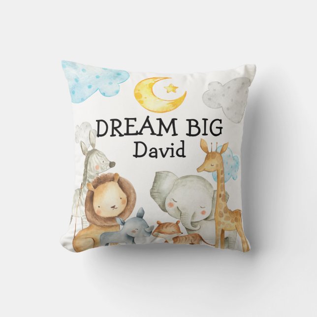 Jungle Animals Cute Custom Name Baby Boy Nursery Throw Pillow (Front)