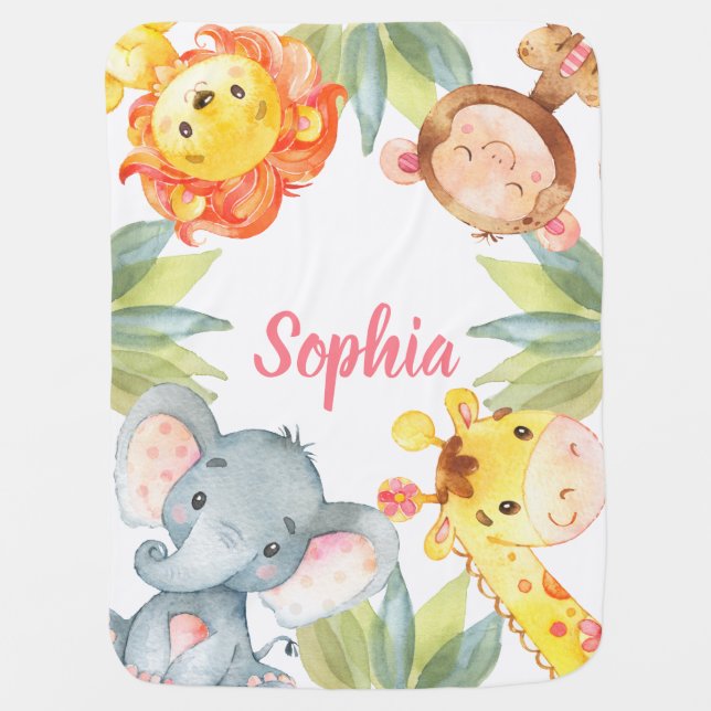 Jungle Animals Cute Gift Safari Pink Girls Baby Blanket (Front)