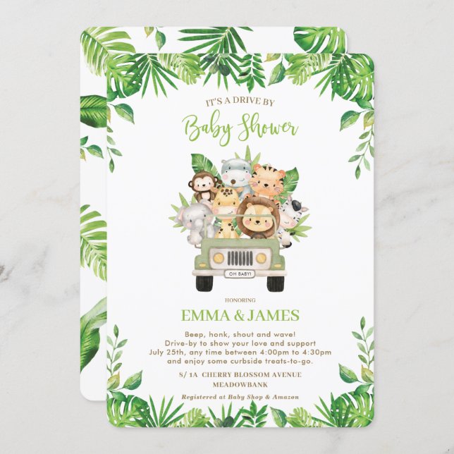 Jungle Animals Drive By Baby Shower Gender Neutral Invitation (Front/Back)