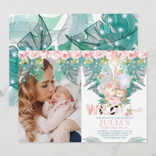 Jungle Animals First Birthday Photo Invitation