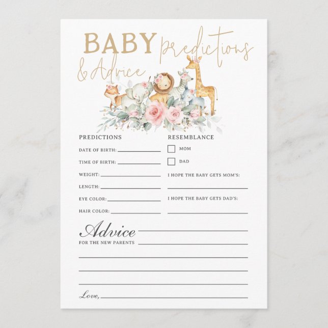 Jungle Animals Floral Baby Predictions Advice Game Note Card (Front)
