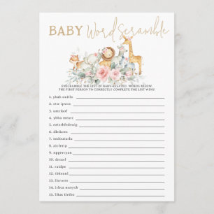 Jungle Animals Floral Baby Word Scramble Game Note Card