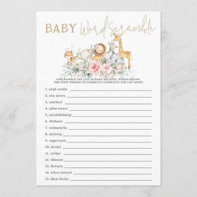 Jungle Animals Floral Baby Word Scramble Game Note Card (Front)