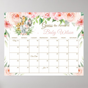 Jungle Animals Floral Guess Baby's Arrival Game Poster