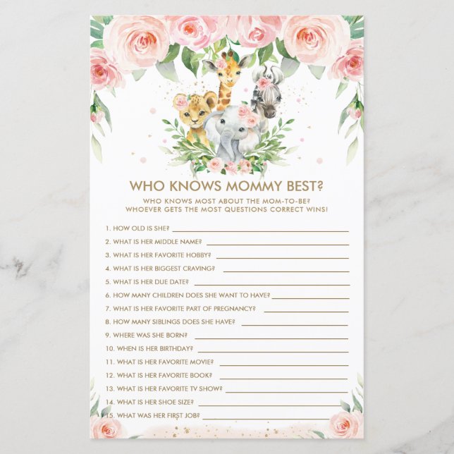 Jungle Animals Floral Who Knows Mommy Best Game (Front)