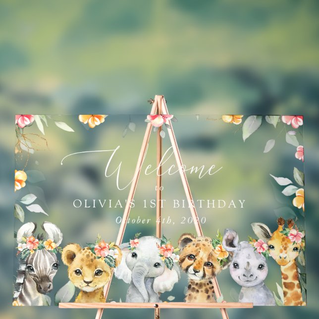 Jungle Animals, Flowers, First Birthday Welcome Acrylic Sign (Neutral)
