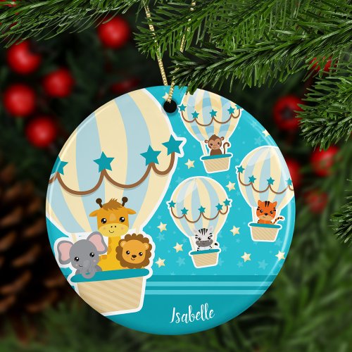 Jungle Animals Flying in Hot Air Balloon Christmas Ceramic Ornament