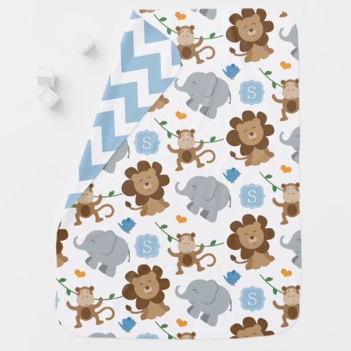 Jungle Animals for Baby Boy Blue Custom Monogram Baby Blanket