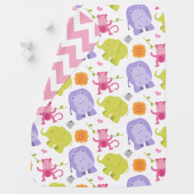 Jungle Animals for Baby Girl Pink Monogram Blanket (In Situ)