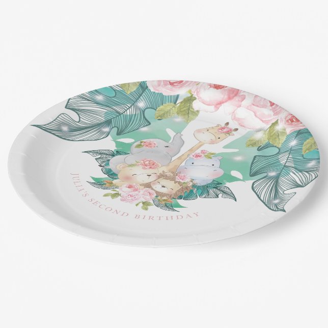 Jungle Animals Girl Birthday Custom Paper Plates (Angled)