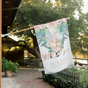 Jungle Animals Girl First Birthday House Flag