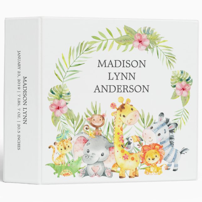 Jungle Animals Girls Baby Shower Baby Photo Album 3 Ring Binder (Front/Spine)