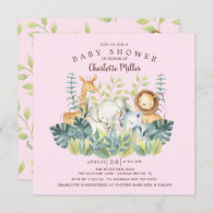 Jungle Animals Girls Baby Shower Invitation