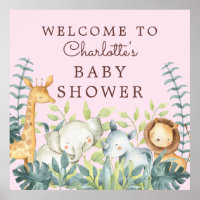 Jungle Animals Girls Baby Shower Welcome Poster