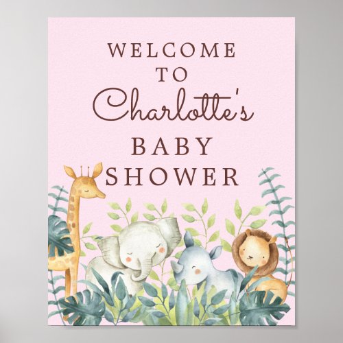 Jungle Animals Girls Baby Shower Welcome Sign