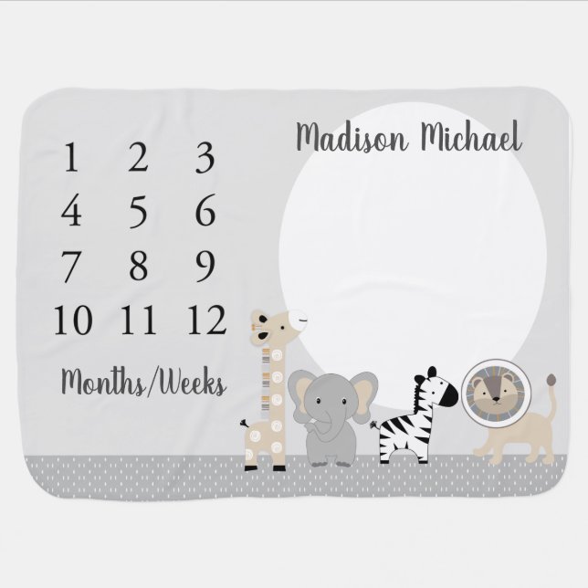 Jungle Animals Gray Baby Milestone Blanket (Horizontal)