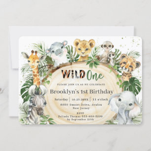 Jungle Animals Green Leaves Wild One 1st Birthday Invitation
