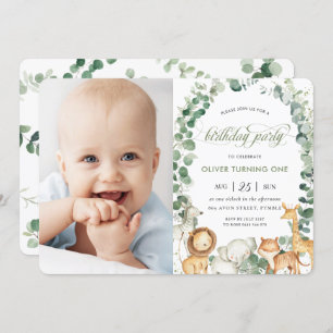 Jungle Animals Greenery 1st Birthday Party Photo Invitation