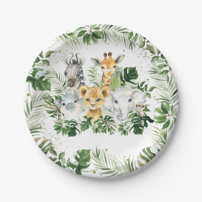Jungle Animals Greenery Baby Shower 1st Birthday  Paper Plates (Front)