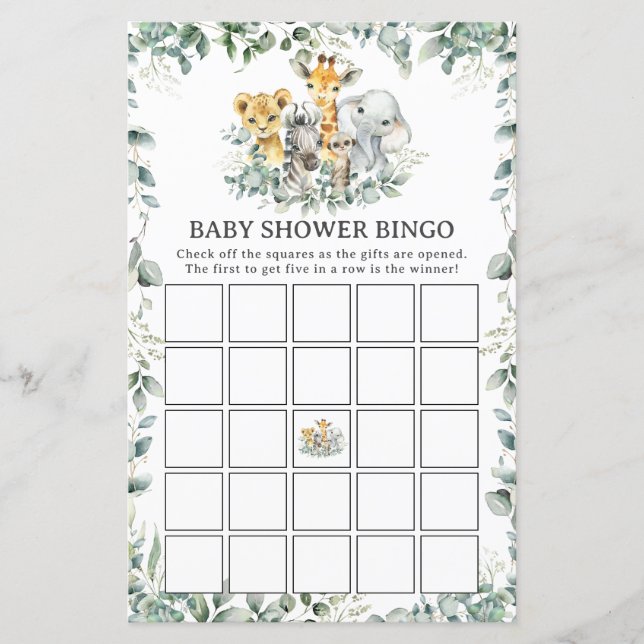 Jungle Animals Greenery Baby Shower Bingo Game (Front)