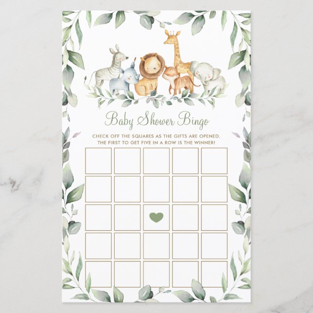 Jungle Animals Greenery Baby Shower Bingo Game (Front)