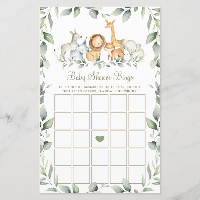 Jungle Animals Greenery Baby Shower Bingo Game