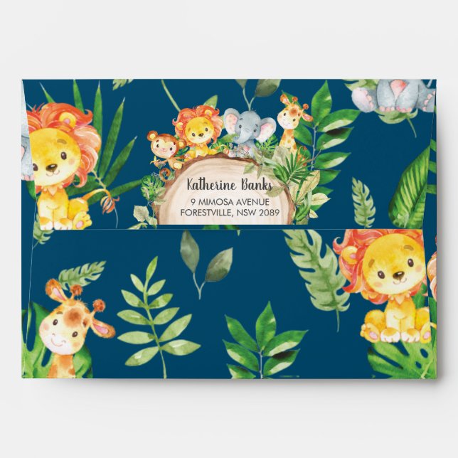 Jungle Animals Greenery Baby Shower Birthday Navy Envelope (Back (Top Flap))