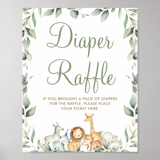Jungle Animals Greenery Baby Shower Diaper Raffle  Poster (Front)
