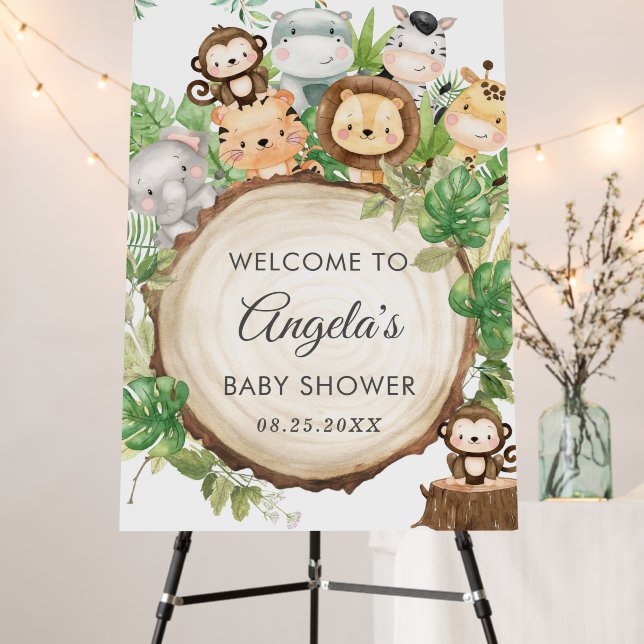 Jungle Animals Greenery Baby Shower Welcome Sign (In Situ (Stand))