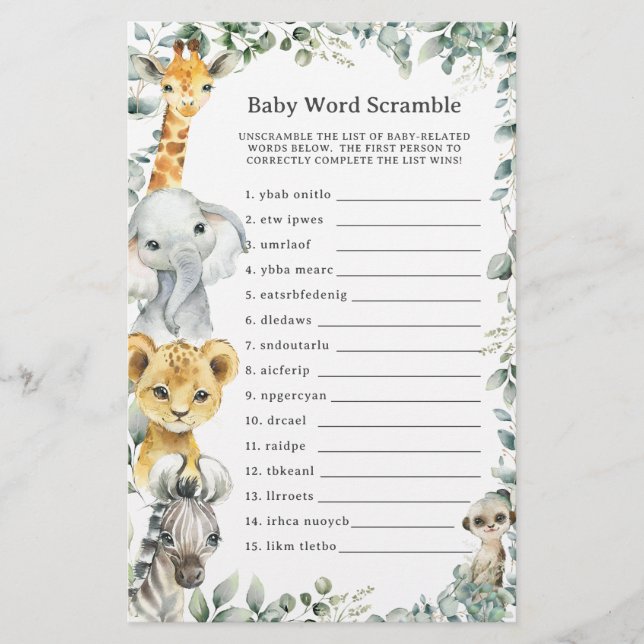 Jungle Animals Greenery Baby Word Scramble Game (Front)