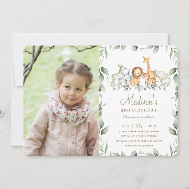 Jungle Animals Greenery Birthday Boy Girl Photo Invitation (Front)