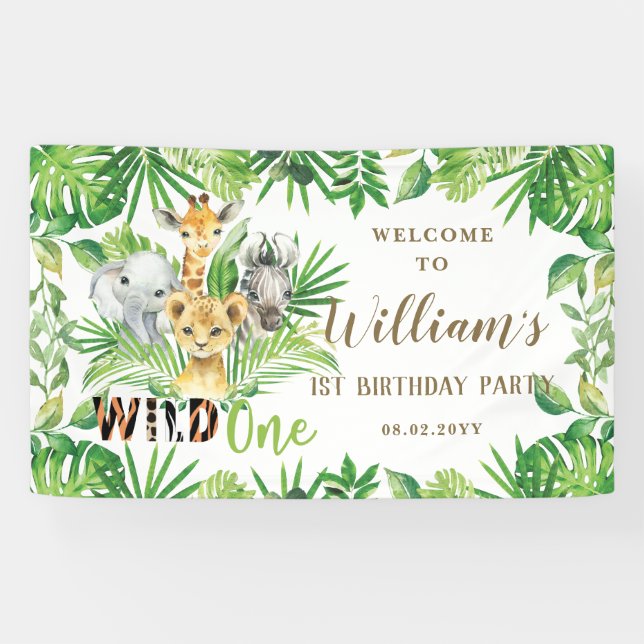 Jungle Animals Greenery Birthday Welcome Backdrop  Banner (Horizontal)