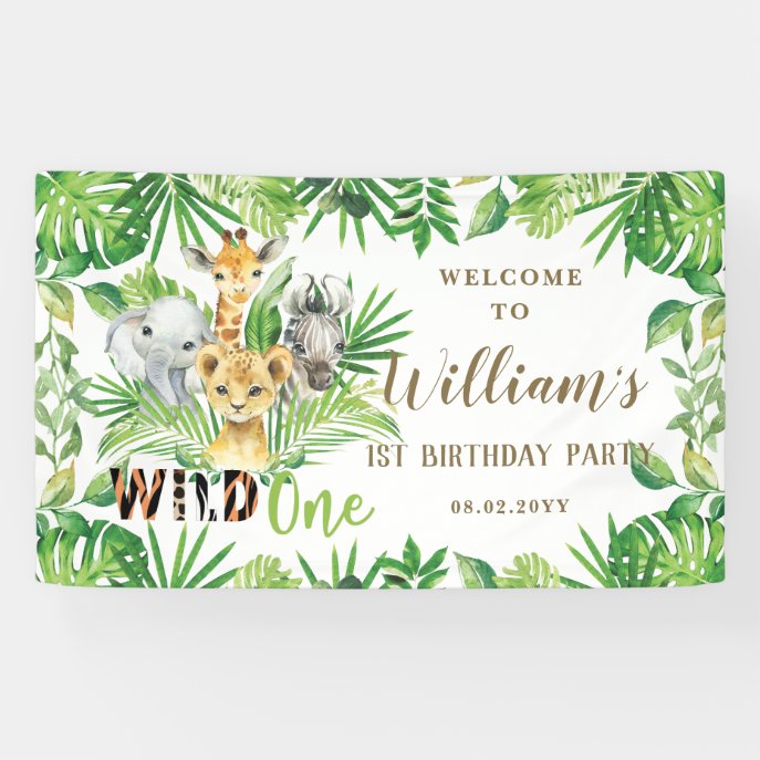 Jungle Animals Greenery Birthday Welcome Backdrop Banner