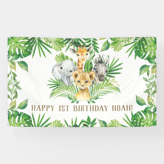 Jungle Animals Greenery Birthday Welcome Backdrop Banner (Horizontal)