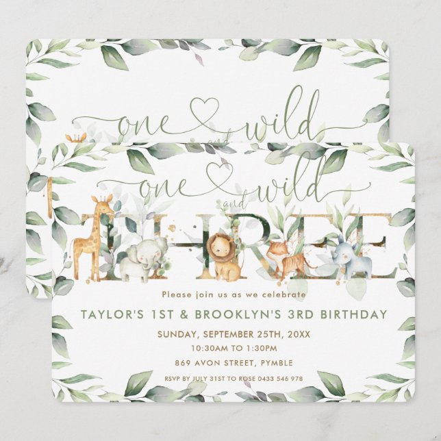Jungle Animals Greenery Joint 1st and 3rd Birthday Invitation (Front/Back)