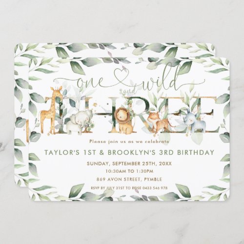 Jungle Animals Greenery Joint 1st and 3rd Birthday Invitation