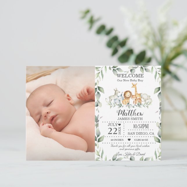 Jungle Animals Greenery New Baby Boy Photo Birth Announcement (Standing Front)