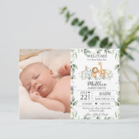 Jungle Animals Greenery New Baby Boy Photo Birth Announcement