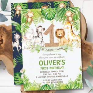 Jungle Animals Greenery Safari 1st Birthday Party Invitation
