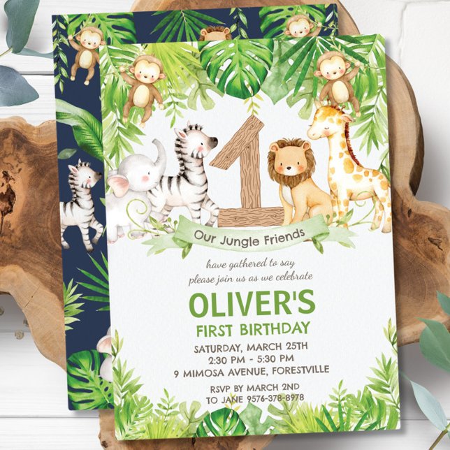 Jungle Animals Greenery Safari 1st Birthday Party Invitation (Creator Uploaded)