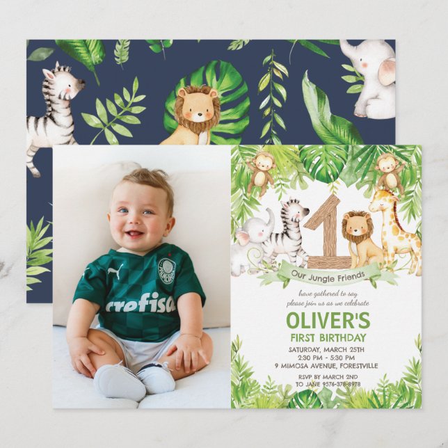 Jungle Animals Greenery Safari 1st Birthday Photo Invitation (Front/Back)