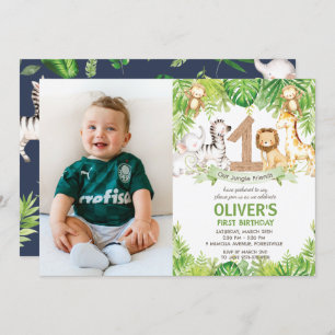 Jungle Animals Greenery Safari 1st Birthday Photo Invitation