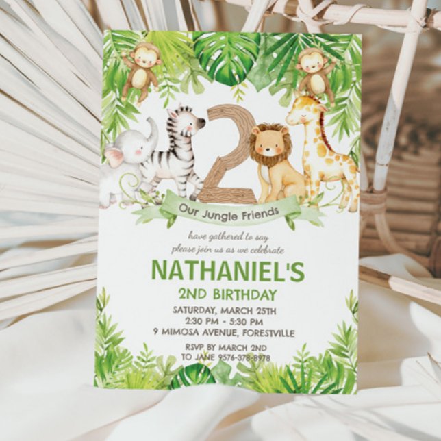 Jungle Animals Greenery Safari 2nd Birthday Party Invitation (Creator Uploaded)