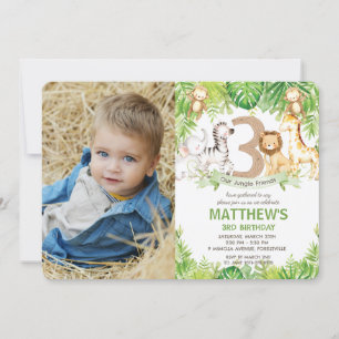 Jungle Animals Greenery Safari 3rd Birthday Photo Invitation