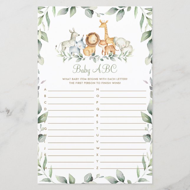 Jungle Animals Greenery Shower Baby ABC Game Card (Front)