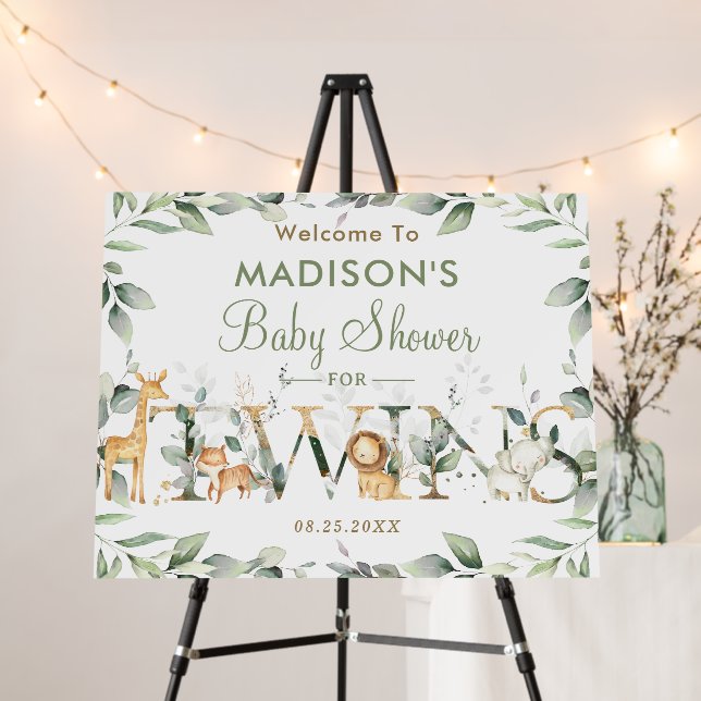 Jungle Animals Greenery Twins Baby Shower Welcome Foam Board (In Situ (Stand))
