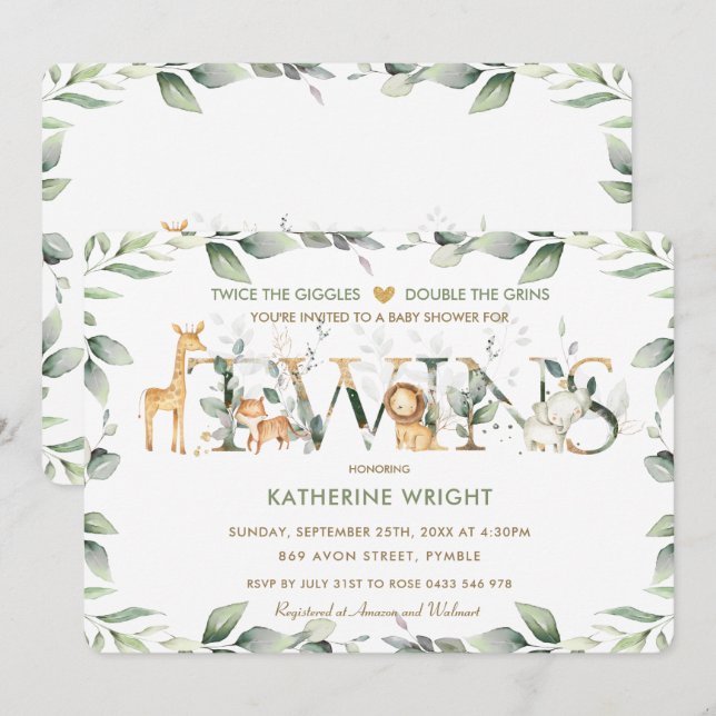 Jungle Animals Greenery Twins Neutral Baby Shower Invitation (Front/Back)